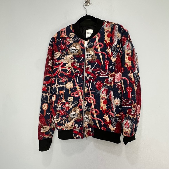 Zara Other - ZARA Mens Dark Blue All Over Skulls Skeletons Heart Graphic‎ Bomber Jacket